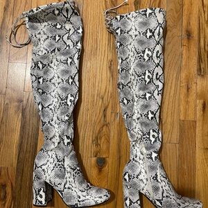 Unisa Black and White Snakeskin Over-the-Knee Boots